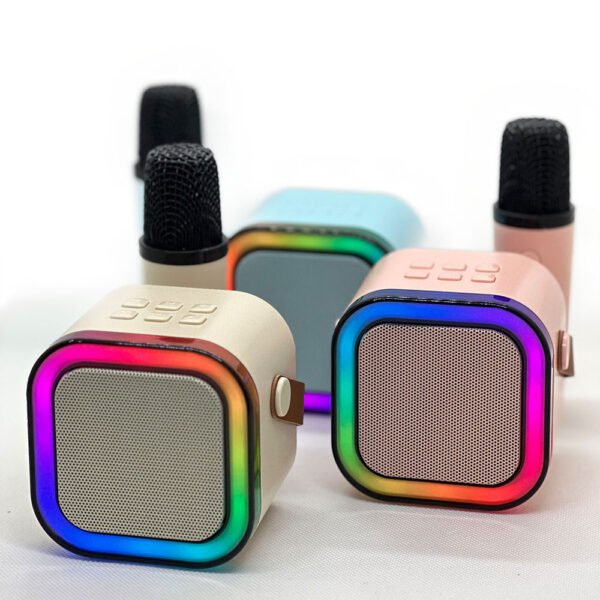 H25e46c19589e4e35b3a5a36b40e45aabE Mini Parlante Bluetooth con Micrófonos Inalámbricos – Sonido, Diversión y Luces LED
