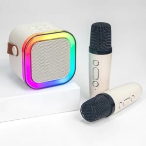 Mini Altavoz Karaoke Inalámbrico Recargable Portátil K12 con Micrófonos y Luces RGB para Niños