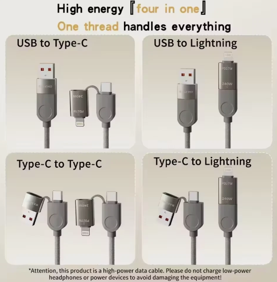 Cargador rápido cable magnético 240W 4 en 1 para iPhone Android